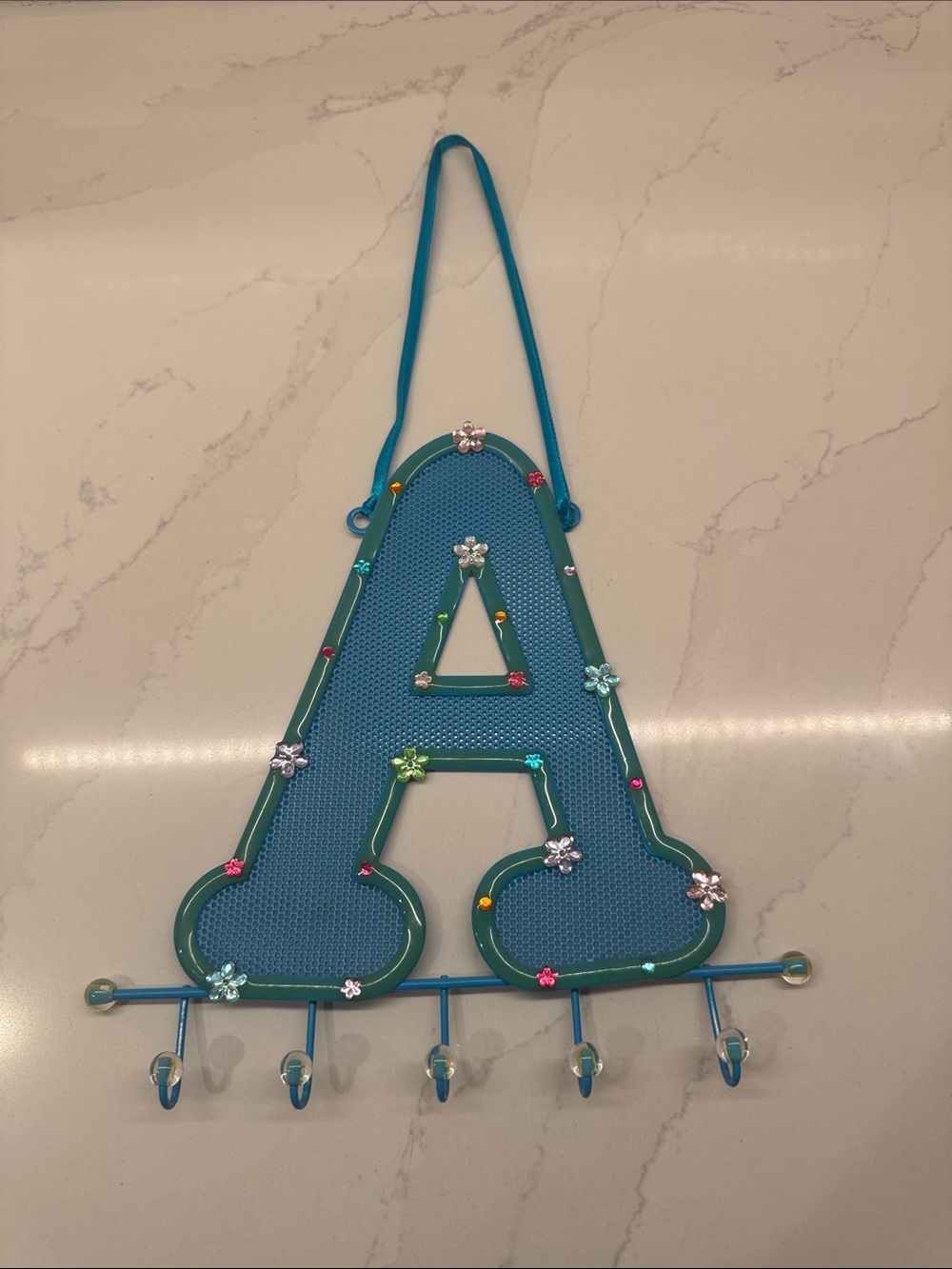 Blue Decorative Letter A Wall Hook with Flower Accents